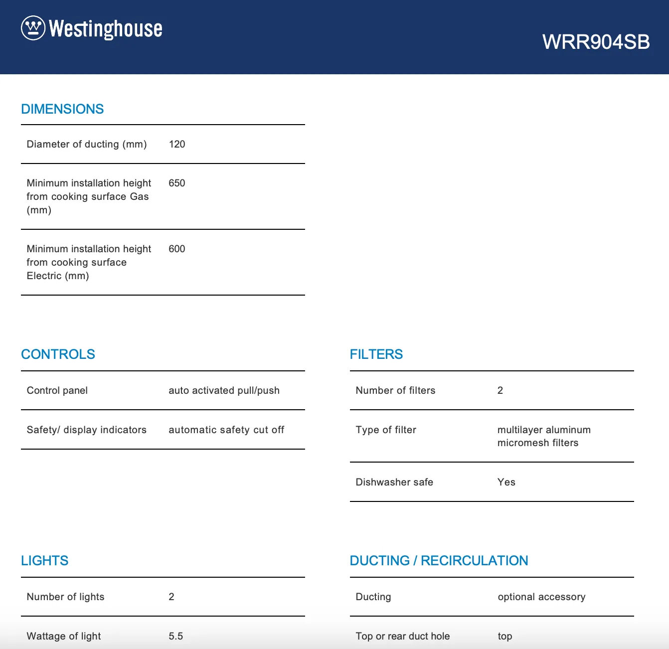 Westinghouse WRR904SB 90cm Slideout Rangehood - Clearance Discount