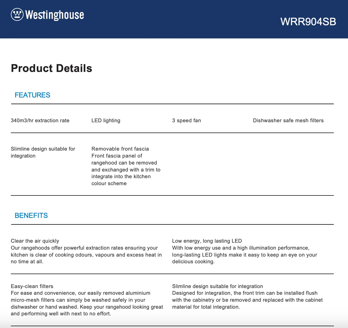 Westinghouse WRR904SB 90cm Slideout Rangehood - Clearance Discount