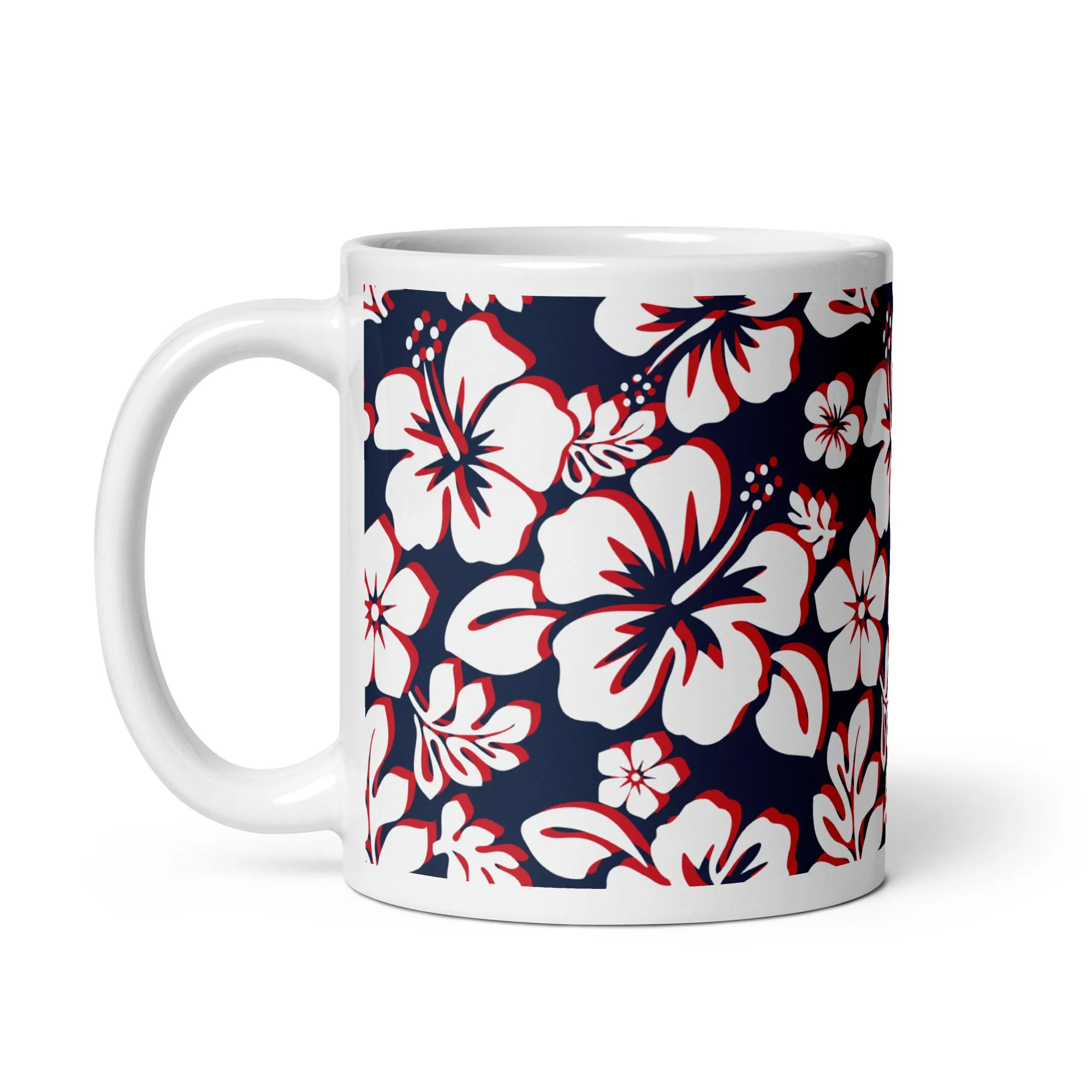 White with Red Hawaiian Flowers on Navy Blue Coffee Mug