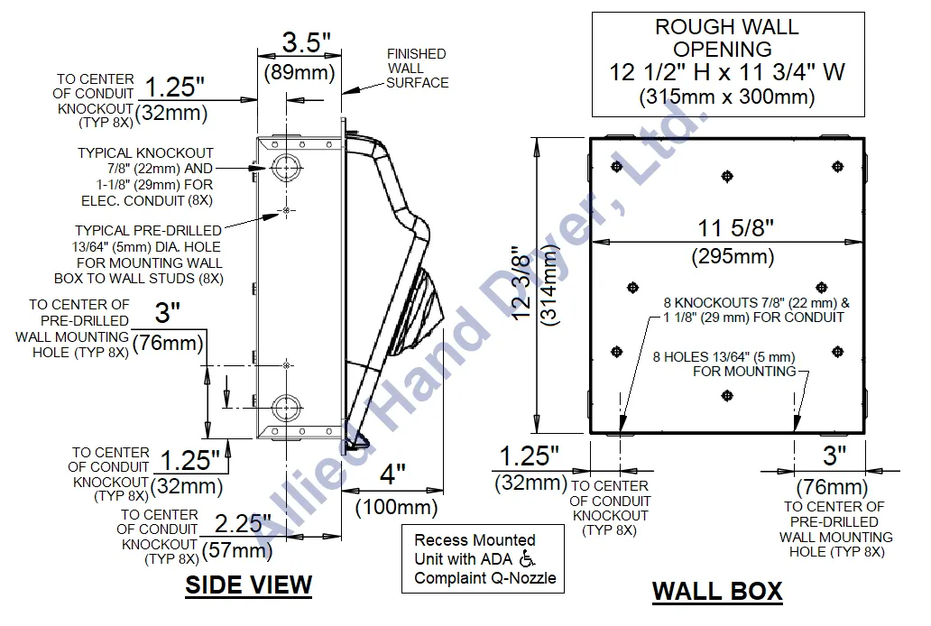 WORLD DRYER® DXRA5-Q973 Model A Series Hand Dryer - Brushed Stainless Steel Automatic Recessed