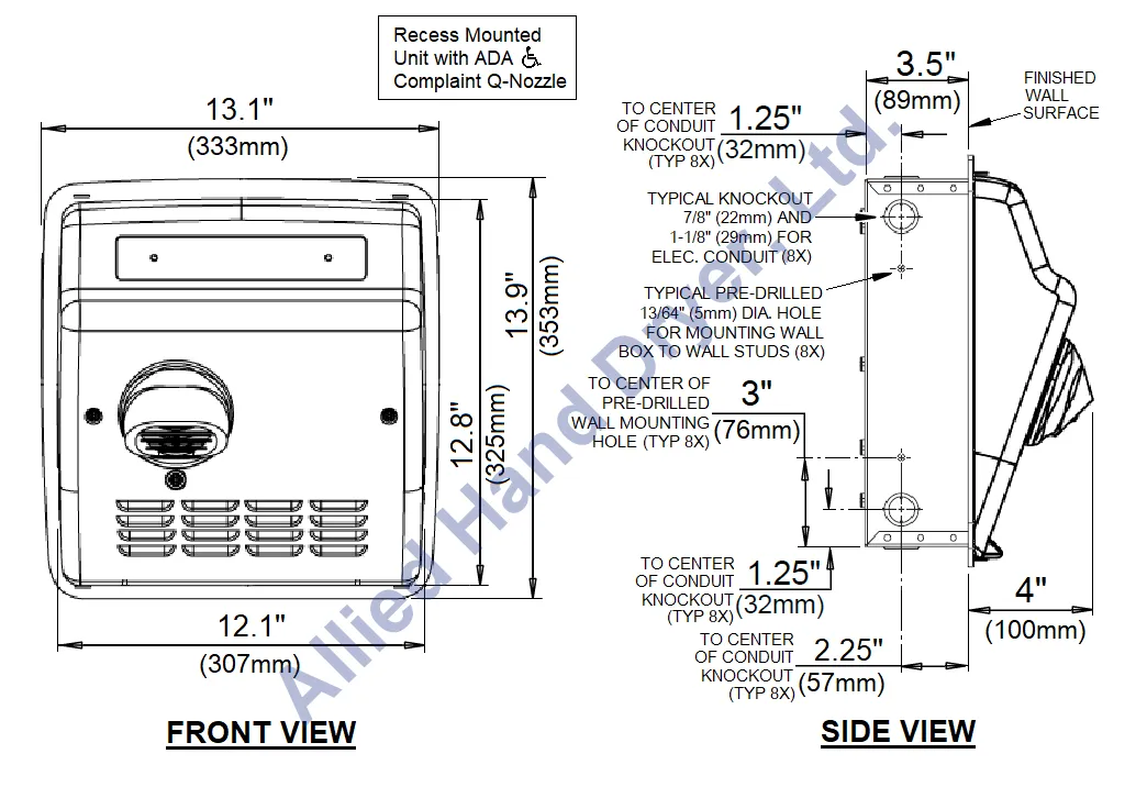 WORLD DRYER® DXRA5-Q973 Model A Series Hand Dryer - Brushed Stainless Steel Automatic Recessed