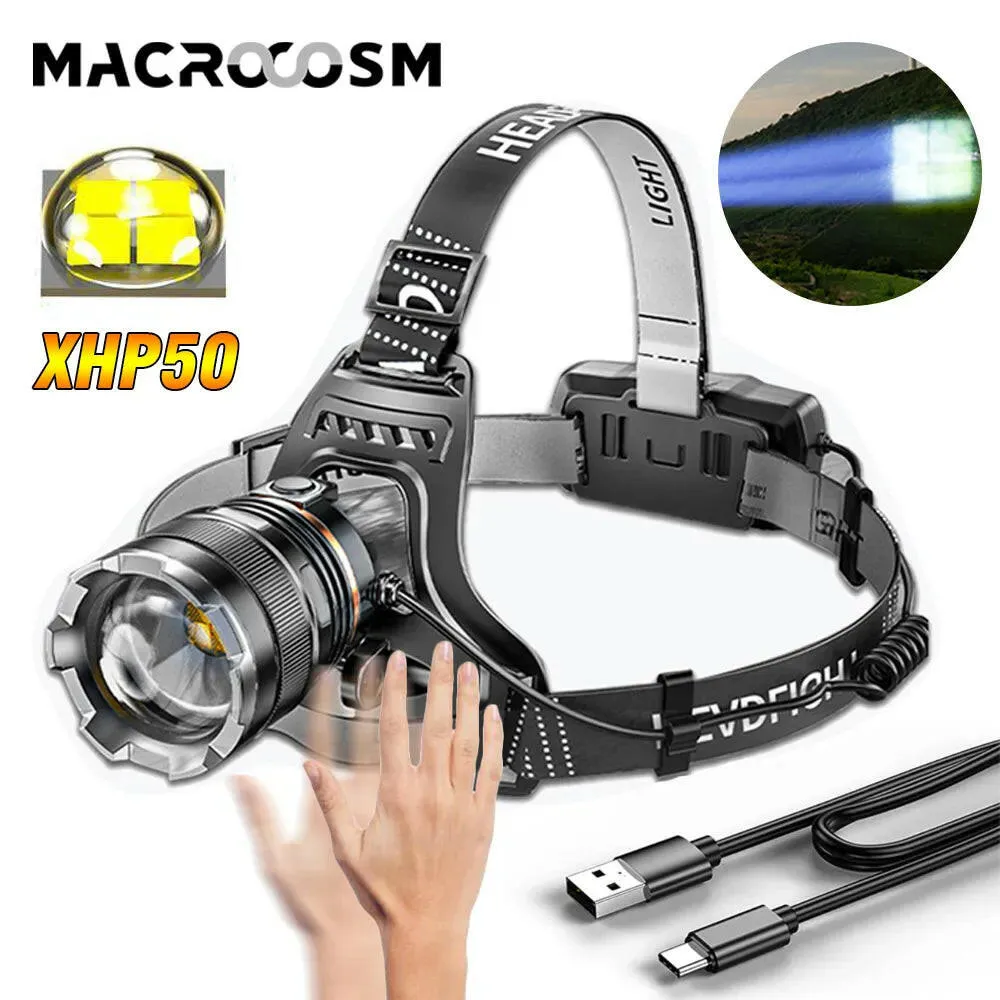 XHP50 High Powerful Headlamp USB Rechargeable Zoomable Head Flashlight Camping Fishing LED Sensor Headlight Use 18650 Battery